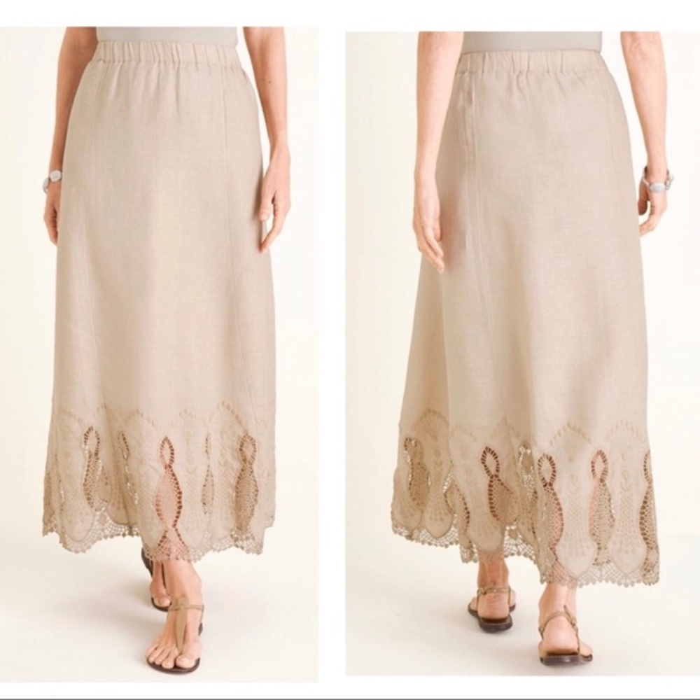 Chico’s Linen Crochet Maxi Skirt Embroidered Hem